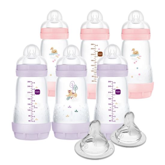 Picture of MAM 9oz Easy Start Anti-Colic Baby Bottles, Medium Flow with 2X Bonus Nipples (Fast and Extra Fast Flow), Reduces Colic, Gas, & Reflux, Easy-to-Clean, BPA-Free, 2 Plus Months
