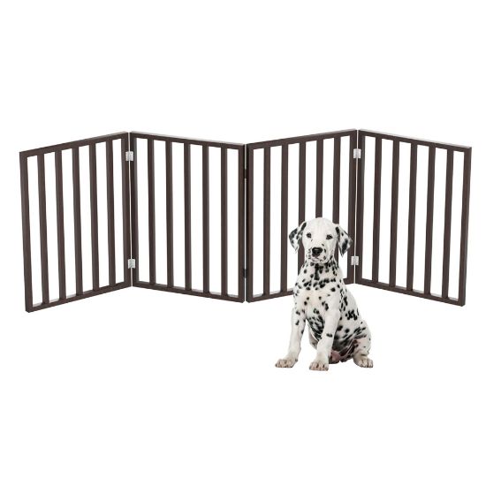 Picture of Pet Gate - 4-Panel Indoor Foldable Dog Fence for Stairs, Hallways or Doorways - 72x24-Inch Retractable Wood Freestanding Dog Gates by PETMAKER (Brown)