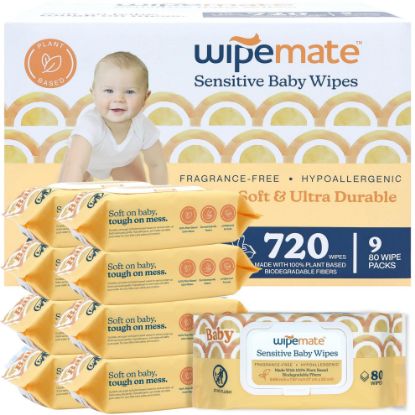 Picture of Wipemate EWG-Verified Premium Baby Wipes, 99% Water-Based, Plastic-Free, Ultra-Soft Plant-Based Wipe, Chlorine/Alcohol-Free, pH-Balanced, Hypoallergenic Cruelty-Free with Durable Flip-Top Lid 720-Ct