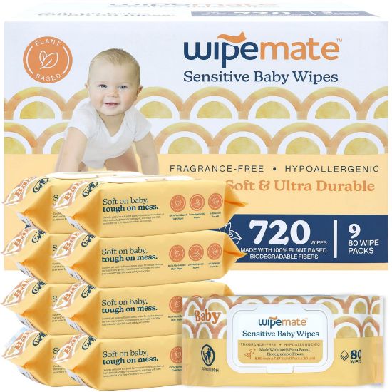 Picture of Wipemate EWG-Verified Premium Baby Wipes, 99% Water-Based, Plastic-Free, Ultra-Soft Plant-Based Wipe, Chlorine/Alcohol-Free, pH-Balanced, Hypoallergenic Cruelty-Free with Durable Flip-Top Lid 720-Ct