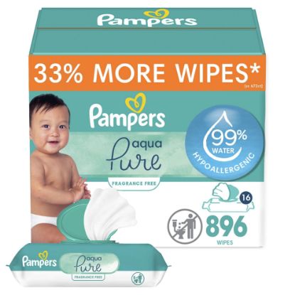 Picture of Pampers Baby Wipes Aqua Pure, 99% water-based wipes, Hypoallergenic and Unscented Infant Wipe, 896 Total (16 Flip-Top Packs)
