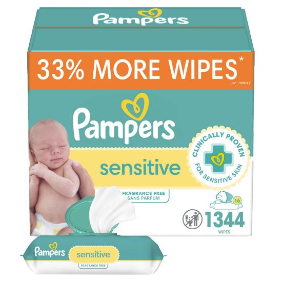 Picture of Pampers Baby Wipes, Sensitive, Water Based Wipe, Clinically Proven, Hypoallergenic, and Unscented for Babies, 1344 Wipes Total (16 Flip-Top Packs)