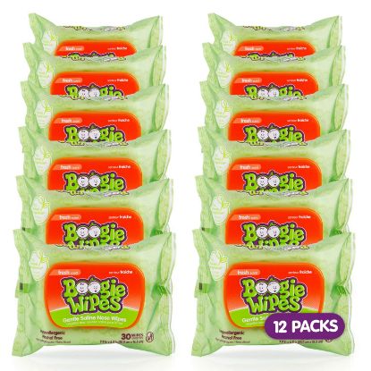 Picture of Saline Nose Wipes by Boogie, for Baby & Kids, Face, Hand & Body, FSA/HSA Eligible, Made with Vitamin E, Aloe, and Natural Saline, Fresh Scent, 30 Count (Pack of 12)