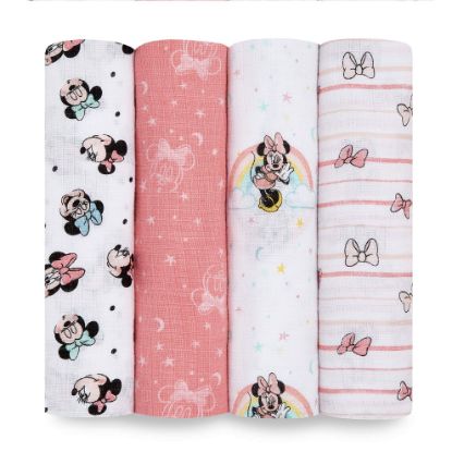 Picture of aden + anais Aden Swaddle Blanket, Muslin Blankets for Girls & Boys, Baby Receiving Swaddles, Ideal Newborn Gifts, Unisex Infant Shower Items, Wearable Swaddling Set, 4 Pk, Minnie Mouse Rainbows