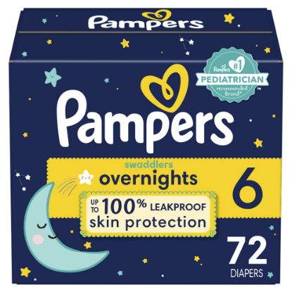 Picture of Pampers Overnight Diapers - Swaddlers Overnights - Size 6, 72 Count, Disposable Baby Diaper, Night Time Leak and Skin Protection