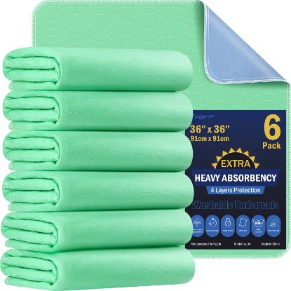 Picture of 6 Pack 36” x 36” Extra Heavy Absorbency Washable Underpads, Waterproof Quick Drying Nursing Pads Incontinence Bed Pads, Reusable Washable Pee Pads for Dogs, Diaper Changing & Adults