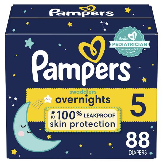 Picture of Pampers Overnight Diapers - Swaddlers Overnights - Size 5, 88 Count, Disposable Baby Diaper, Night Time Leak and Skin Protection
