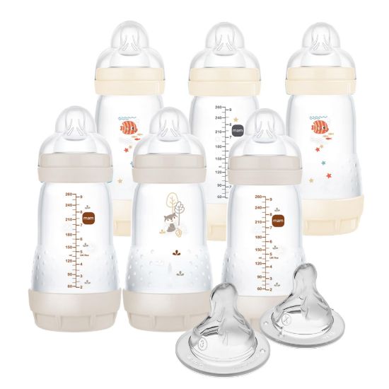 Picture of MAM 9oz Easy Start Anti-Colic Baby Bottle, Medium Flow with 2X Bonus Nipples, Breastfeeding-Like Silicone Nipple Bottle, Reduces Colic, Gas, & Reflux, Easy-to-Clean, BPA-Free, 2 Plus Months