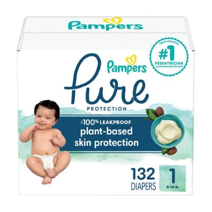 Picture of Pampers Baby Diapers - Pure Protection - Size 1, 132 Count, for up to 100% Leakproof, Premium Plant-based Skin Protection