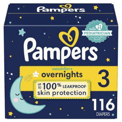 Picture of Pampers Overnight Diapers - Swaddlers Overnights - Size 3, 116 Count, Disposable Baby Diaper, Night Time Leak and Skin Protection