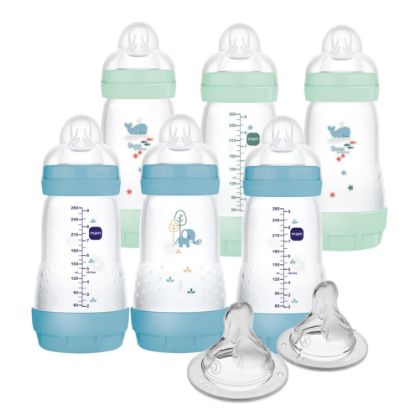 Picture of MAM 9oz Easy Start Anti-Colic Baby Bottle, Medium Flow with 2X Bonus Nipples, Breastfeeding-Like Silicone Nipple Bottle, Reduces Colic, Gas, & Reflux, Easy-to-Clean, BPA-Free, 2 Plus Months