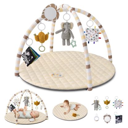 Picture of Blissful Diary Baby Play Gym Mat, Tummy Time Activity Mat with 6 Detachable Toys for Stage-Based Sensory & Motor Skill Development, Easy to Install & Clean, Baby Essentials Gift, Sandy Beige