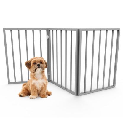 Picture of Pet Gate - 3-Panel Indoor Foldable Dog Fence for Stairs, Hallways, or Doorways - 54x24-Inch Retractable Wood Freestanding Dog Gates by PETMAKER (Gray)