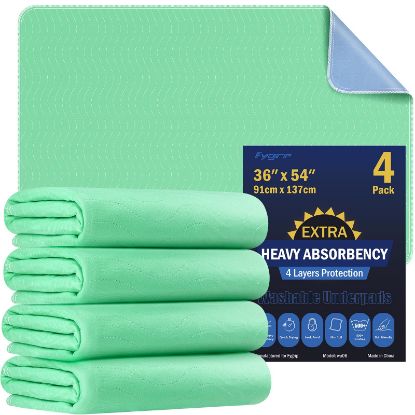 Picture of 4 Pack 36” x 54” Extra Heavy Absorbency Washable Underpads, Waterproof Nursing Pads Incontinence Bed Pads, Reusable Washable Pee Pads for Dogs, Diaper Changing & Adults, Mattress Protector