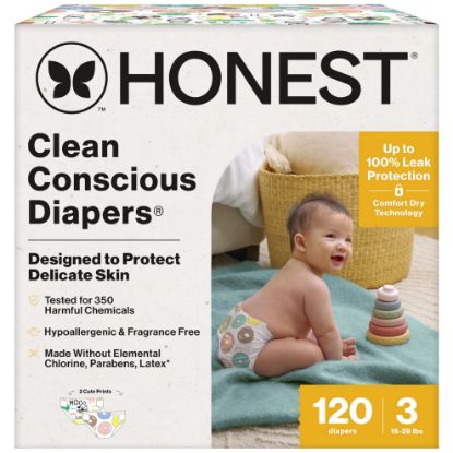 Picture of The Honest Company Clean Conscious Diapers for Sensitive Skin | Hypoallergenic, Fragrance Free | Gender Neutral Prints | Super Club Box, Size 3 (16-28 lbs), 120 Count