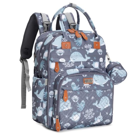 Picture of BabbleRoo Diaper Bag Backpack - Baby Essentials Travel Tote - Multi function Waterproof Diaper Bag, Travel Essentials Baby Bag with Changing Pad, Stroller Straps & Pacifier Case - Unisex, Sea Animals