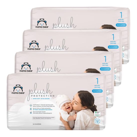 Picture of Amazon Brand - Mama Bear Plush Protection Diapers - Size 1, One Month Supply, Hypoallergenic Premium Disposable Baby Diapers, 216 Count (Pack of 4), White and Cloud Dreams
