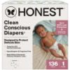 Picture of The Honest Company Clean Conscious Diapers for Sensitive Skin | Hypoallergenic, Fragrance Free | Gender Neutral Prints | Super Club Box, Size 1 (8-14 lbs), 136 Count