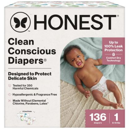 Picture of The Honest Company Clean Conscious Diapers for Sensitive Skin | Hypoallergenic, Fragrance Free | Gender Neutral Prints | Super Club Box, Size 1 (8-14 lbs), 136 Count