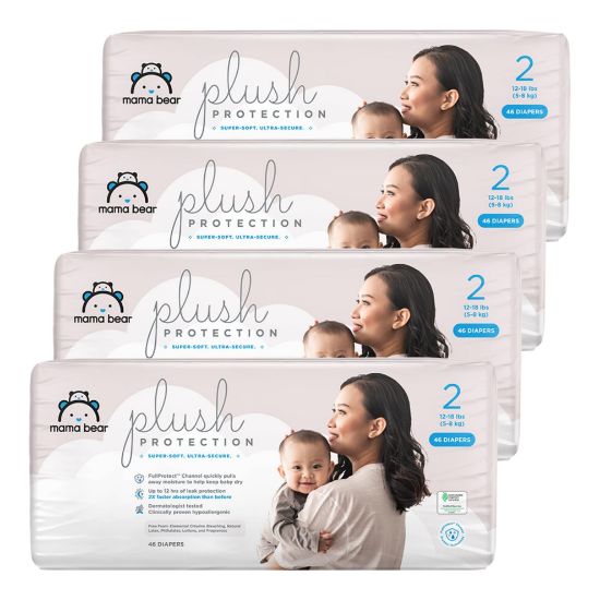 Picture of Amazon Brand - Mama Bear Plush Protection Diapers - Size 2, One Month Supply, Hypoallergenic Premium Disposable Baby Diapers, 184 Count (Pack of 4), White and Cloud Dreams