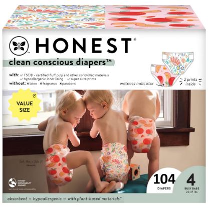Picture of The Honest Company Clean Conscious Diapers for Sensitive Skin | Hypoallergenic, Fragrance Free | Girl Prints | Super Club Box, Size 4 (22-37 lbs), 104 Count