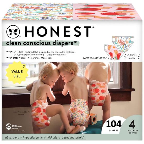 Picture of The Honest Company Clean Conscious Diapers for Sensitive Skin | Hypoallergenic, Fragrance Free | Girl Prints | Super Club Box, Size 4 (22-37 lbs), 104 Count