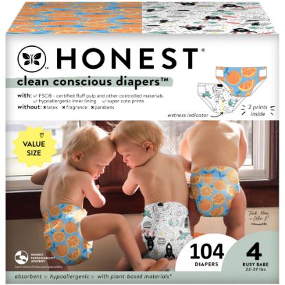 Picture of The Honest Company Clean Conscious Diapers for Sensitive Skin | Hypoallergenic, Fragrance Free | Gender Neutral Prints | Super Club Box, Size 4 (22-37 lbs), 104 Count
