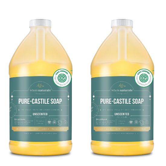 Picture of WHOLENATURALS Pure Castile Soap Liquid Unscented, EWG Verified & Certified Palm Oil Free-1 Gallon (64oz x2 Bottles) Natural Soap, Mild & Gentle Non-GMO & Vegan-Organic Body Wash, Laundry & Baby Soap