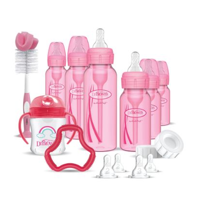 Picture of Dr. Brown's Natural Flow Anti-Colic Options+ Special Edition Pink Baby Bottle Gift Set with Soft Sippy Spout Transition Cup, Flexees Teether, Bottle Cleaning Brush and Travel Caps
