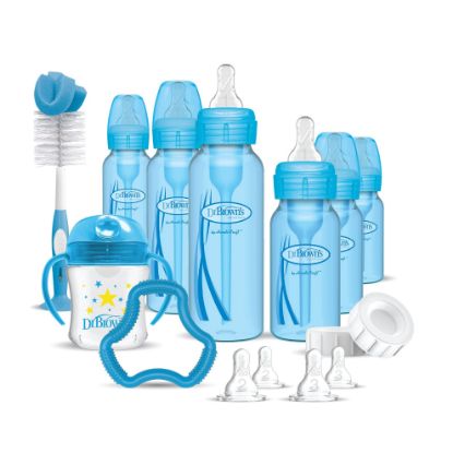 Picture of Dr. Brown's Natural Flow Anti-Colic Options+ Special Edition Blue Baby Bottle Gift Set with Soft Sippy Spout Transition Cup, Flexees Teether, Bottle Cleaning Brush and Travel Caps