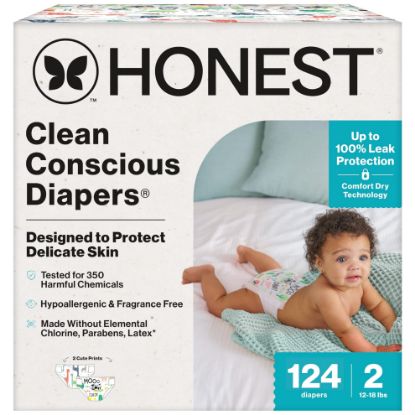 Picture of The Honest Company Clean Conscious Diapers for Sensitive Skin | Hypoallergenic, Fragrance Free | Gender Neutral Prints | Super Club Box, Size 2 (12-18 lbs), 124 Count