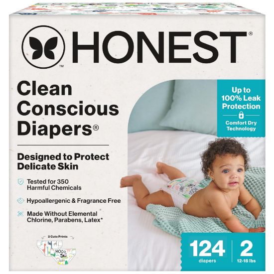 Picture of The Honest Company Clean Conscious Diapers for Sensitive Skin | Hypoallergenic, Fragrance Free | Gender Neutral Prints | Super Club Box, Size 2 (12-18 lbs), 124 Count