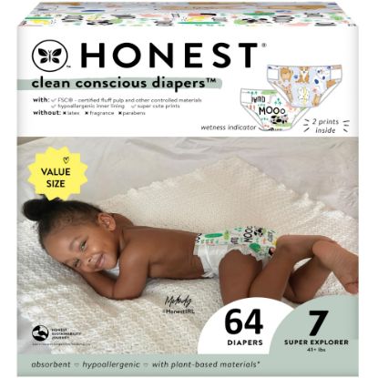 Picture of The Honest Company Clean Conscious Diapers for Sensitive Skin | Hypoallergenic, Fragrance Free | Gender Neutral Prints | Super Club Box, Size 7 (41+ lbs), 64 Count