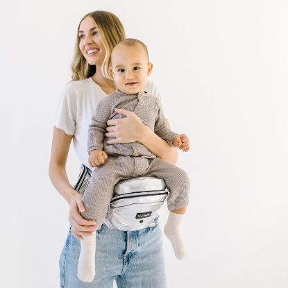 Picture of Tushbaby The Original Safety-Certified Hip Carrier for Babies & Toddlers: Machine Washable Child Waist Seat with Pocket Storage, As Seen on Shark Tank (23”-44” Waist, 0-3 yrs up to 45lbs) - Metallic