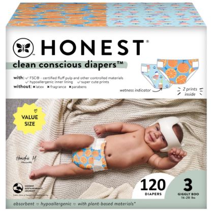 Picture of The Honest Company Clean Conscious Diapers for Sensitive Skin | Hypoallergenic, Fragrance Free | Gender Neutral Prints | Super Club Box, Size 3 (16-28 lbs), 120 Count