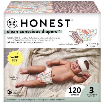 Picture of The Honest Company Clean Conscious Diapers for Sensitive Skin | Hypoallergenic, Fragrance Free | Girl Prints | Super Club Box, Size 3 (16-28 lbs), 120 Count