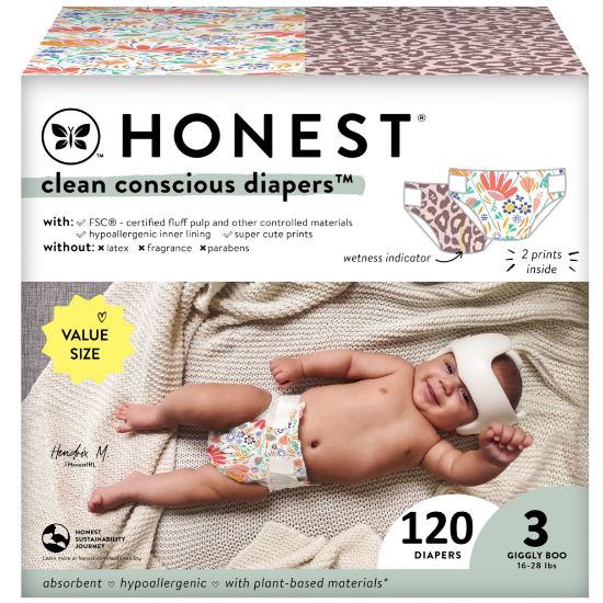Picture of The Honest Company Clean Conscious Diapers for Sensitive Skin | Hypoallergenic, Fragrance Free | Girl Prints | Super Club Box, Size 3 (16-28 lbs), 120 Count