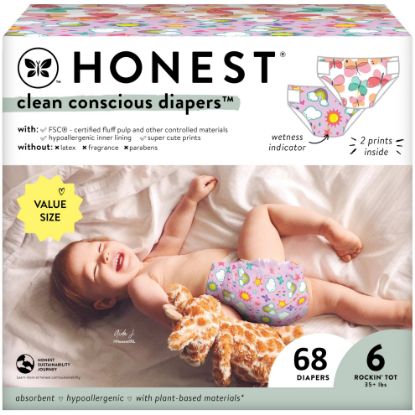 Picture of The Honest Company Clean Conscious Diapers for Sensitive Skin | Hypoallergenic, Fragrance Free | Girl Prints | Super Club Box, Size 6 (35+ lbs), 68 Count