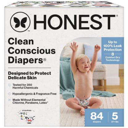Picture of The Honest Company Clean Conscious Diapers for Sensitive Skin | Hypoallergenic, Fragrance Free | Gender Neutral Prints | Super Club Box, Size 5 (27+ lbs), 84 Count