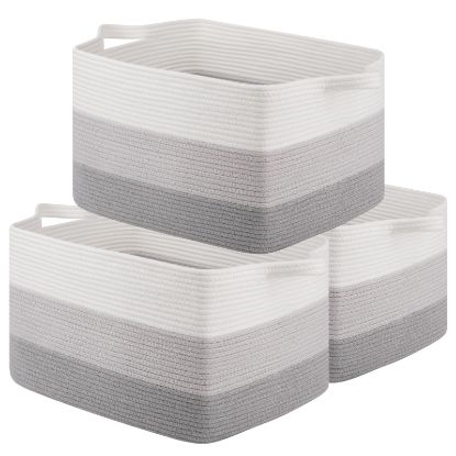 Picture of OIAHOMY Rectangle Woven Storage Basket - Nursery Cotton Rope Baskets for Storage, Toy Basket Organizing for Living Room, 17.7"x13.8"x11"- Pack of 3 - Gradient Gray