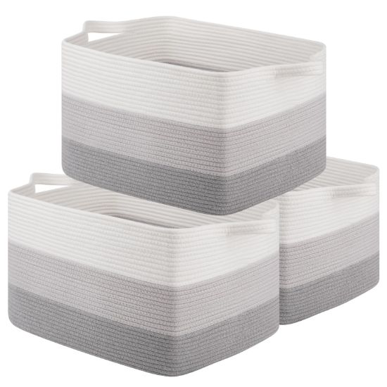 Picture of OIAHOMY Rectangle Woven Storage Basket - Nursery Cotton Rope Baskets for Storage, Toy Basket Organizing for Living Room, 17.7"x13.8"x11"- Pack of 3 - Gradient Gray