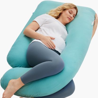 Picture of Momcozy U Shaped Pregnancy Pillows with Cotton Removable Cover, 57 Inch Full Body Pillow Maternity Support, Must Have for Pregnant Women, Tiffany Blue