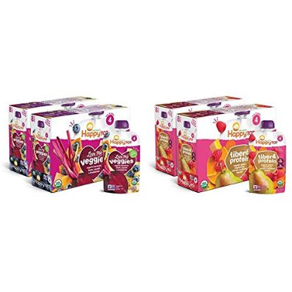 Picture of Happy Tot Organic Stage 4 Baby Food Love My Veggies Banana Beet Squash & Blueberry, 4.22 Ounce (Pack of 16) & Happy Tot Organic Stage 4 Fiber & Protein, 4 Ounce (Pack of 16)