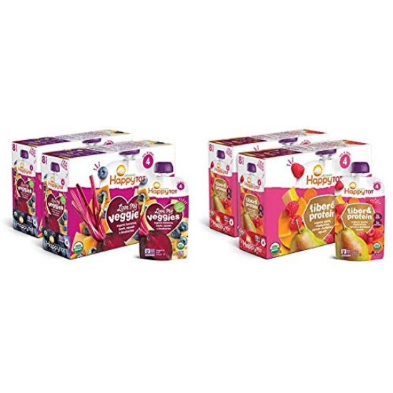 Picture of Happy Tot Organic Stage 4 Baby Food Love My Veggies Banana Beet Squash & Blueberry, 4.22 Ounce (Pack of 16) & Happy Tot Organic Stage 4 Fiber & Protein, 4 Ounce (Pack of 16)