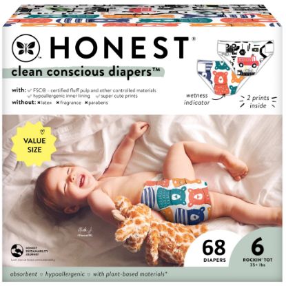 Picture of The Honest Company Clean Conscious Diapers for Sensitive Skin | Hypoallergenic, Fragrance Free | Gender Neutral Prints | Super Club Box, Size 6 (35+ lbs), 68 Count