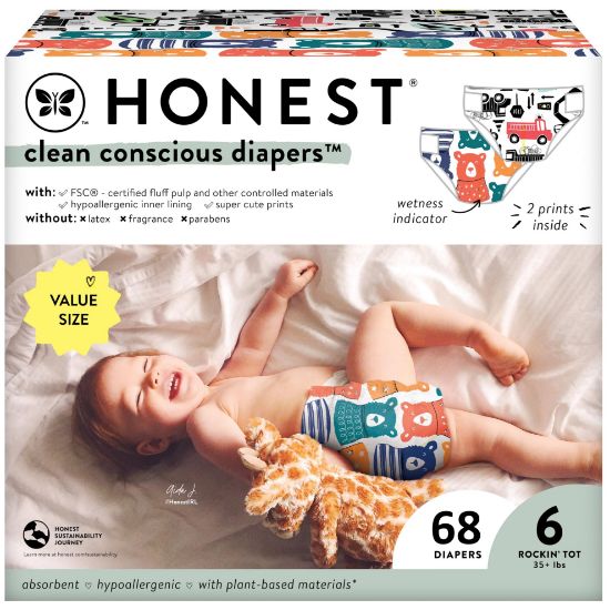 Picture of The Honest Company Clean Conscious Diapers for Sensitive Skin | Hypoallergenic, Fragrance Free | Gender Neutral Prints | Super Club Box, Size 6 (35+ lbs), 68 Count