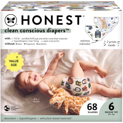 Picture of The Honest Company Clean Conscious Diapers for Sensitive Skin | Hypoallergenic, Fragrance Free | Gender Neutral Prints | Super Club Box, Size 6 (35+ lbs), 68 Count