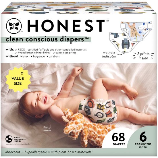 Picture of The Honest Company Clean Conscious Diapers for Sensitive Skin | Hypoallergenic, Fragrance Free | Gender Neutral Prints | Super Club Box, Size 6 (35+ lbs), 68 Count