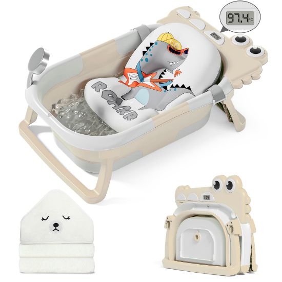 Picture of MoreFeel Collapsible Baby Bathtub for Newborn with Thermometer & 1 Hooded Towel & 1 Soft Floating Cushion,Portable Travel Bathtub with Drain Hole, Durable Foldable Baby Tubs for Infants to Toddler