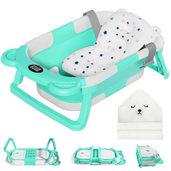 Picture of MoreFeel Collapsible Baby Bathtub for Newborn with Thermometer & 1 Hooded Towel & 1 Soft Floating Cushion,Portable Travel Bathtub with Drain Hole, Durable Foldable Baby Tubs for Infants to Toddler